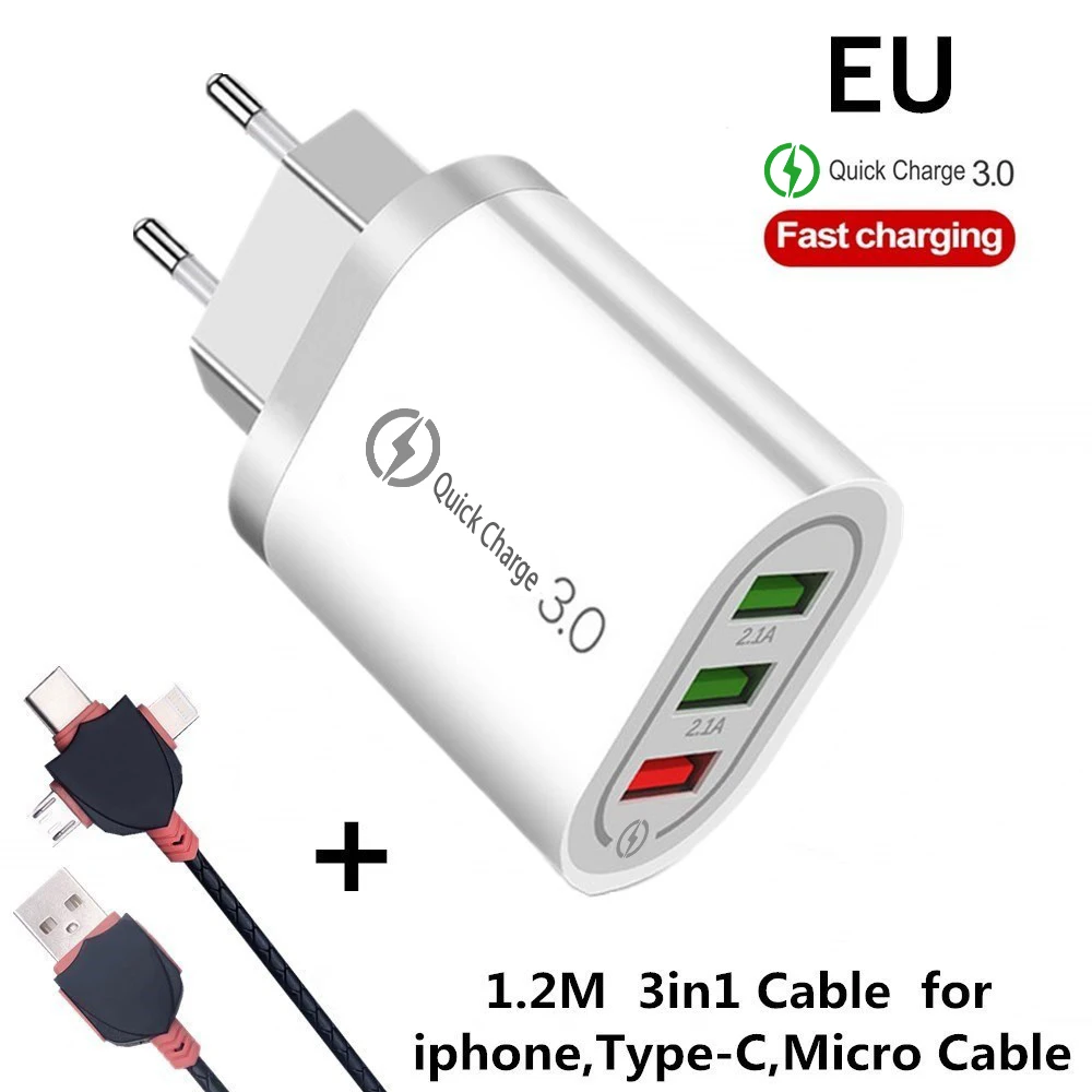 EU 3in1 Cable White 5V3A Быстрая зарядка 3,0 USB зарядное устройство QC3.0 Быстрая зарядка мульти зарядное устройство для samsung S10 Xiaomi Mi9 iPhone X iPad настенное зарядное устройство для телефона - Тип штекера: EU 3in1 Cable White