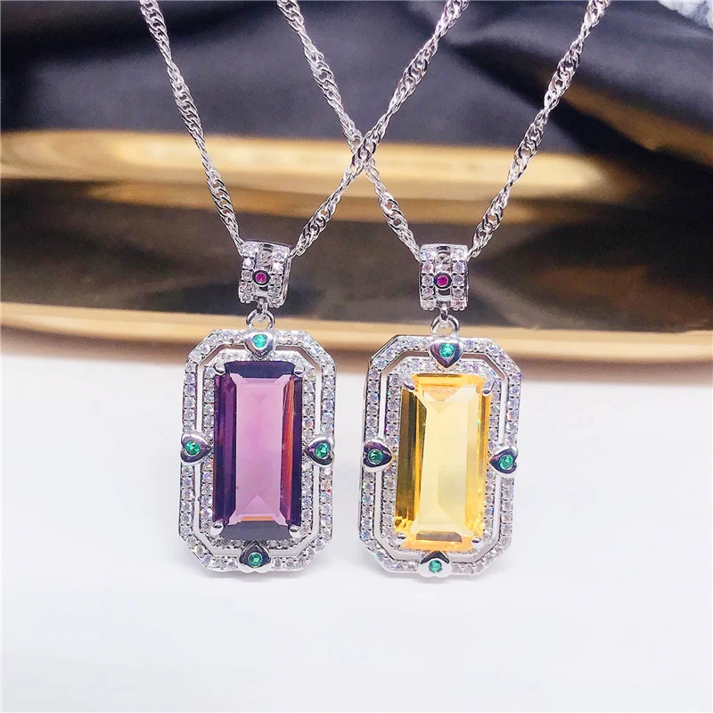

Top Quality 925 Silver Chain Necklace Women Jewelry Bright Crystal Purple Yellow Pendant Necklace Female Choker Accessories Gift