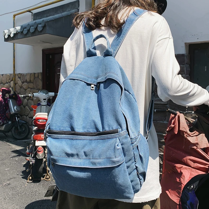 

Vintage Denim Backpack Canvas Women Backpack College Style Pure Color School Bag Casual College Female Backpack Travel