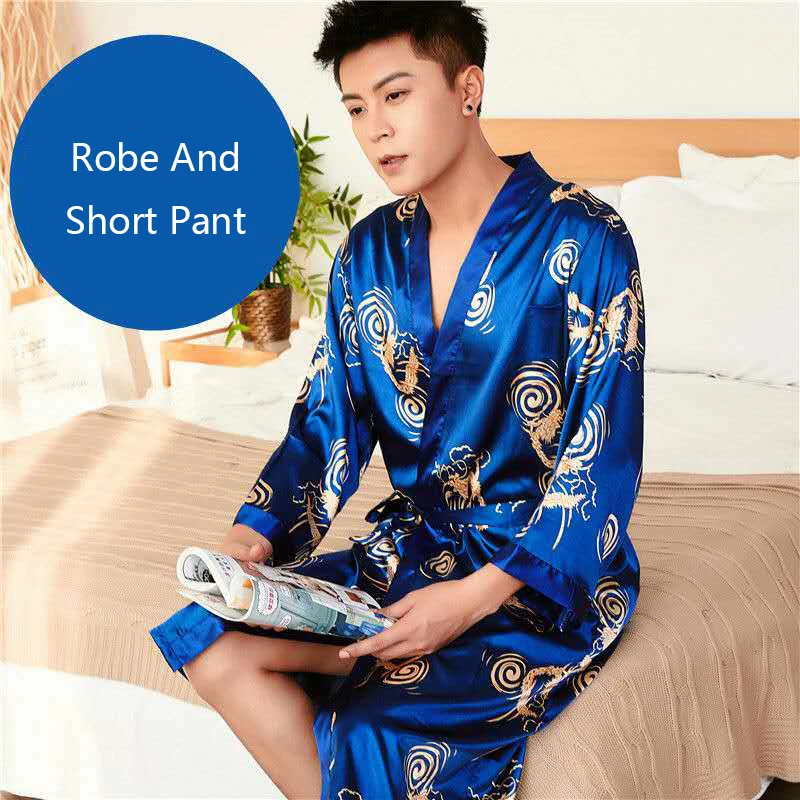 Высокое качество Для мужчин халат атласное платье с принтом для Пижама драконом