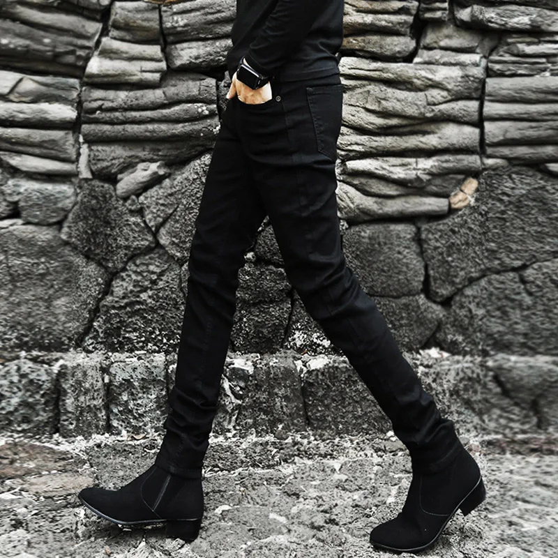 

Autumn winter 2020 Fashion men's stretch plus velvet thicken jeans men's feet black Korean skinny pencil pants men's boots jeans