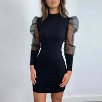 new 2021 women sexy perspective long sleeve party dress crew neck slim party dress women mini dress bubble sleeves women dress