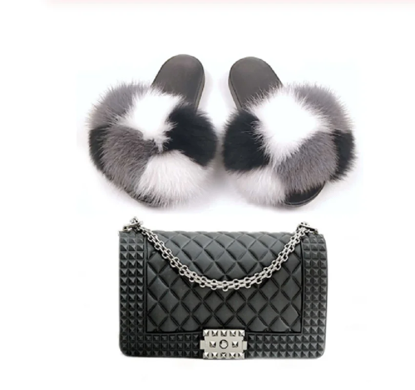 

GW Wholesale ladies real fox fur slippers jelly bag set with colorful PVC handbag combined with fluffy fur slide