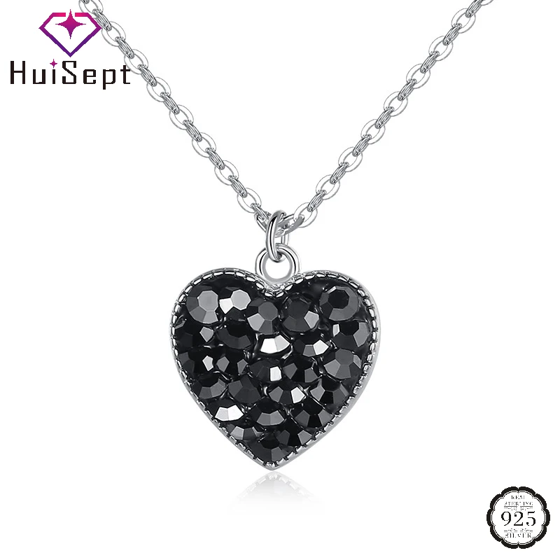 

HuiSept Fashion Necklace S925 Silver Jewelry Accessories with Obsidian Gemstone Heart Shape Pendant for Women Wedding Party Gift