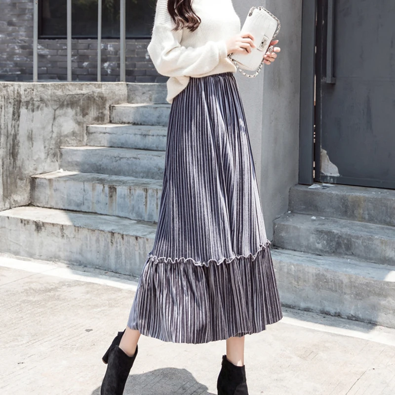 

2021 Women Skirts 2020 Autumn Winter Fashion Patchwork A Line High Waist Pleated Skirt Casual Vintage Gold Velvet Maxi Skirts
