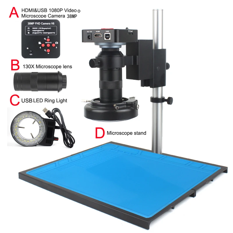 

38MP 2K HDMI USB Industrial Electronic Video Microscope Camera + 130x C-Mount Lens Microscope StandFor Phone PCB CPU Soldering