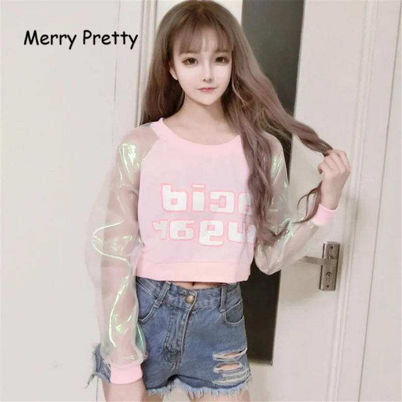 Merry Pretty Harajuku/женская футболка в японском стиле с буквенным принтом, лазерная прозрачная футболка с длинным рукавом в стиле пэчворк, укороченные топы для девушек, Розовый Топ