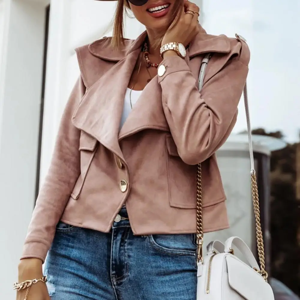 

Solid Color Coat Button Streetwear Jacket Jacket Women Winter Fashion Short Autumn Suede Pockets Loose Outwear Motorcycle Biker