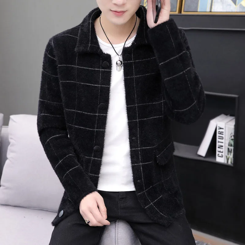 

2021 Men's Square Plaid Lapel Short Imitation Mink Jacket Autumn and Winter New Youth Slim Knit Jacket