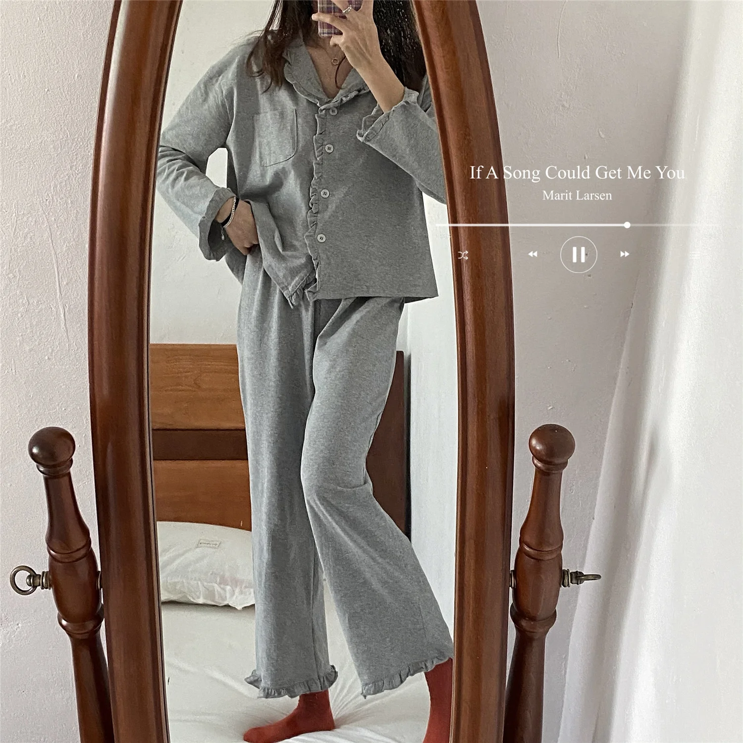 

2021 Spring Women's Pajamas Set Gray Pyjamas Pure Color Cotton Sleepwear Fashion Long Sleeve NightSuit Loose Homewear