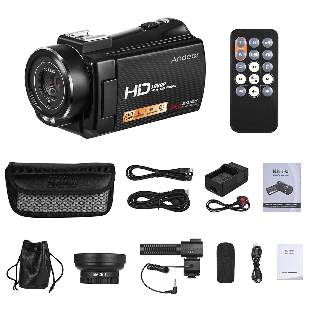 Andoer 1080P Full HD 24MP Портативная Цифровая видеокамера 0.45X Широкоугольный объектив дистанционное управление инфракрасное ночное видение
