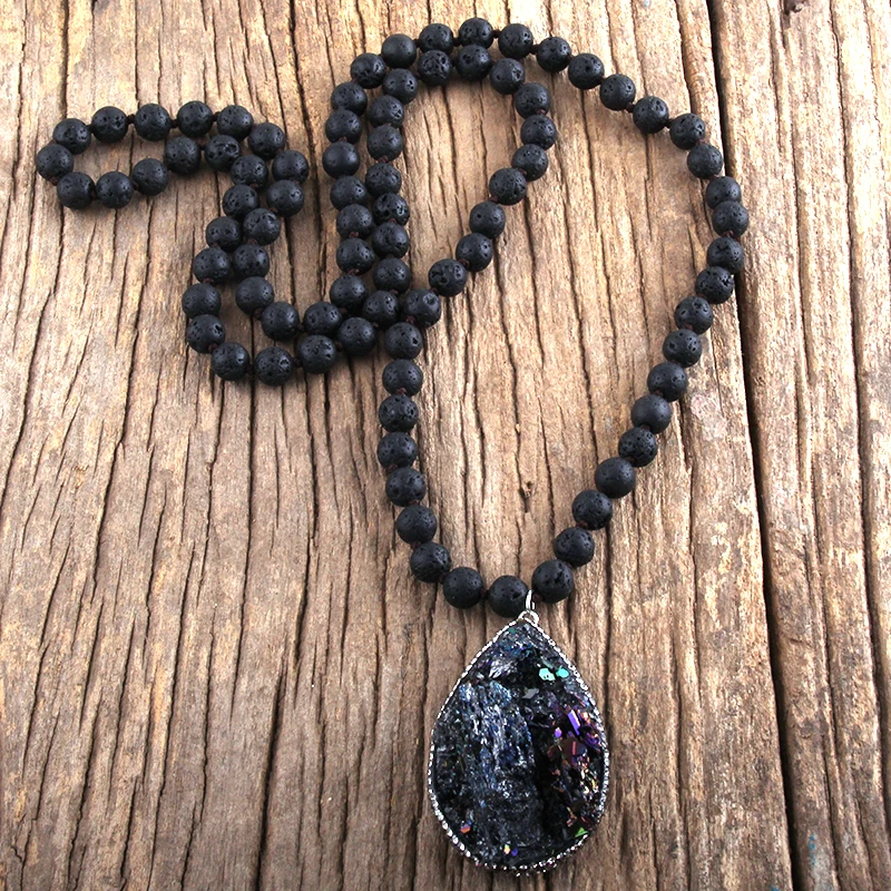 

Ювелирные изделия RH в стиле бохо, 86 см, бусины из лавы, завязанные камни, ожерелья с подвеской из друзы, ожерелье, подарок для женщин