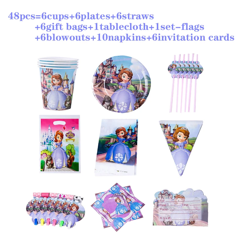 

Princess Sofia Happy Birthday Party Event Decorations Disposable Tableware Set Baby Shower Girls Plates Napkins Cups Kids Supply