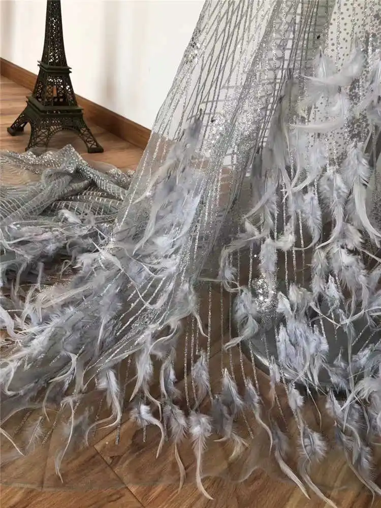 

Hig-End Quality Luxury Cassic Lace Elegant White Bridal Dress Wedding Fabric Feathers Embroidery Tulle fabric NN624-v