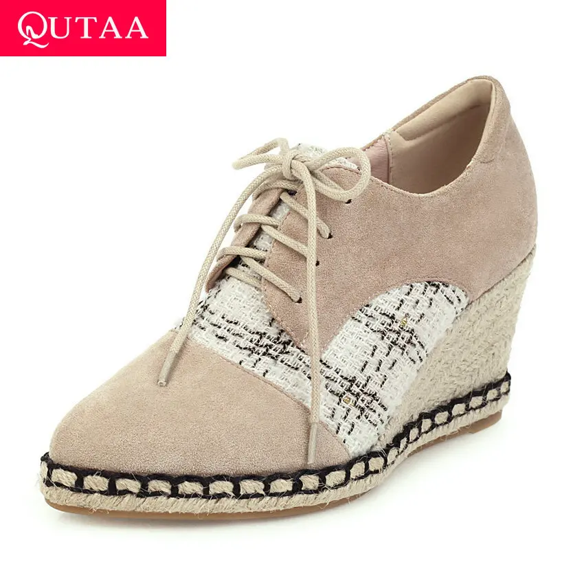 Женские туфли лодочки на платформе QUTAA розовые однотонные танкетке шнуровке с