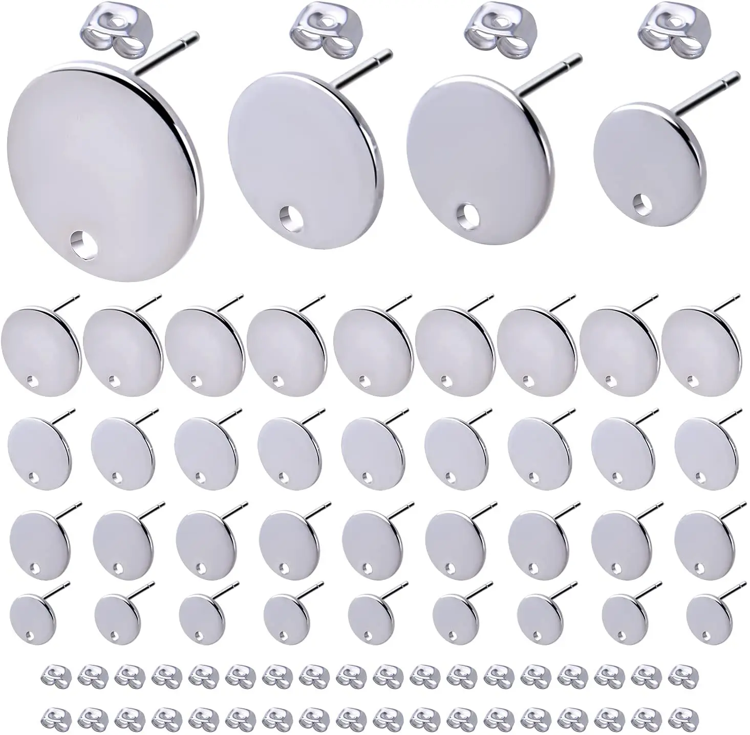 

40pcs Stainless Steel Stud Earrings Set Flat Round Earring Posts with 40pcs Butterfly Ear Backs for DIY Earring Making, 4 Sizes