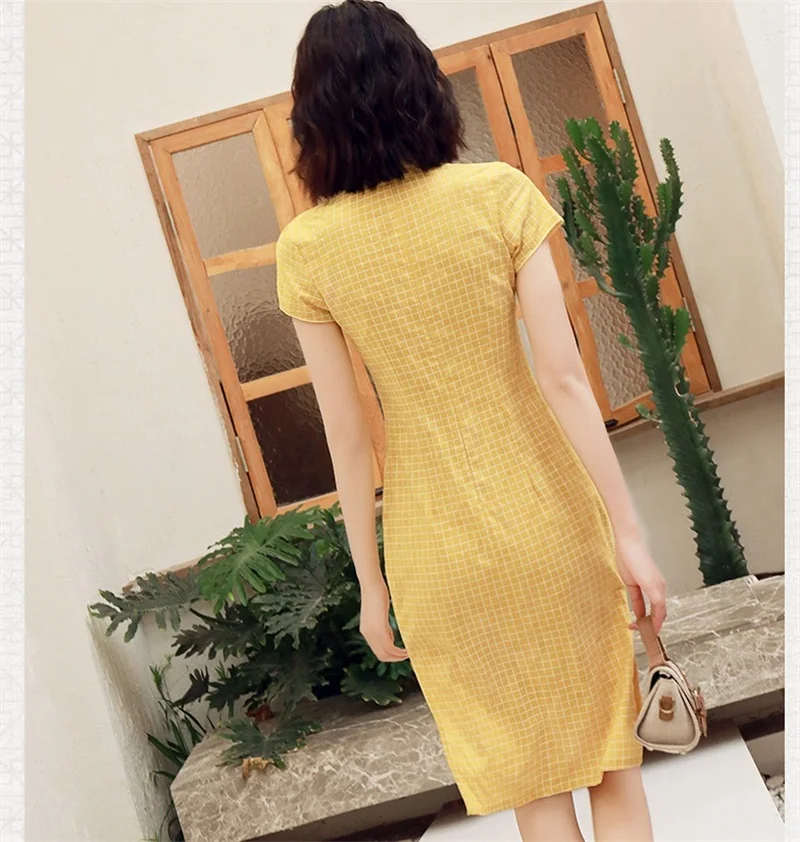 Весеннее клетчатое платье Ципао для женщин сексуальное тонкое хлопковое миди