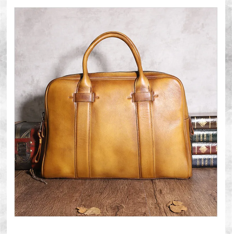 Retro fashion high quality natural genuine leather men's large capacity laptop handbag designer lawyer work office business bag