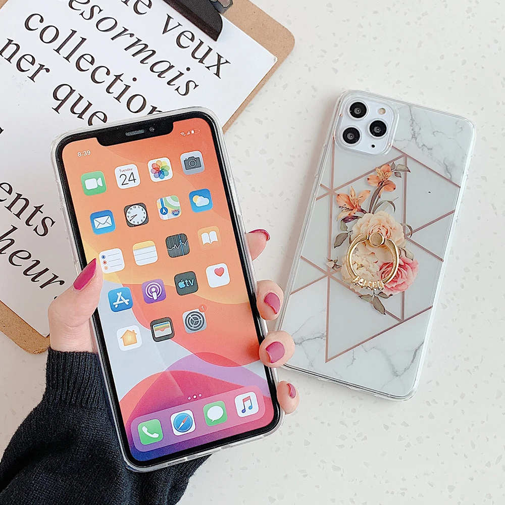 Retro Rose Floral Ring Stand Phone Case For iPhone 11 Pro Max XR X XS 7 8 Plus Soft IMD Plated Line Back Cover | Мобильные телефоны