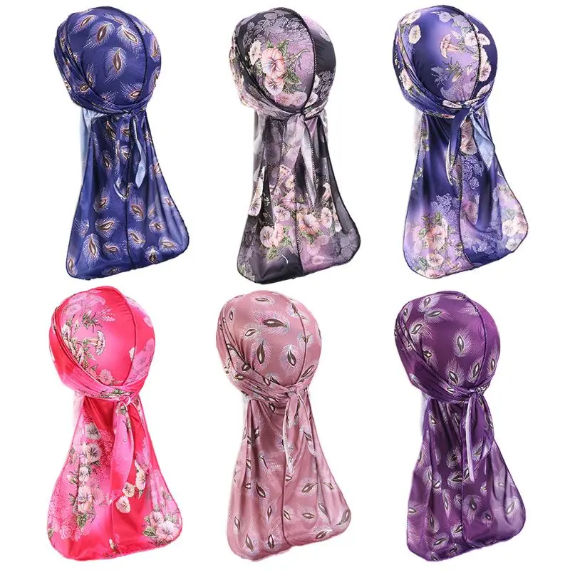 

Unisex Imitation Silk Durag Pirate Cap Floral Feahter Print Long Tail Turban Hat New 2021