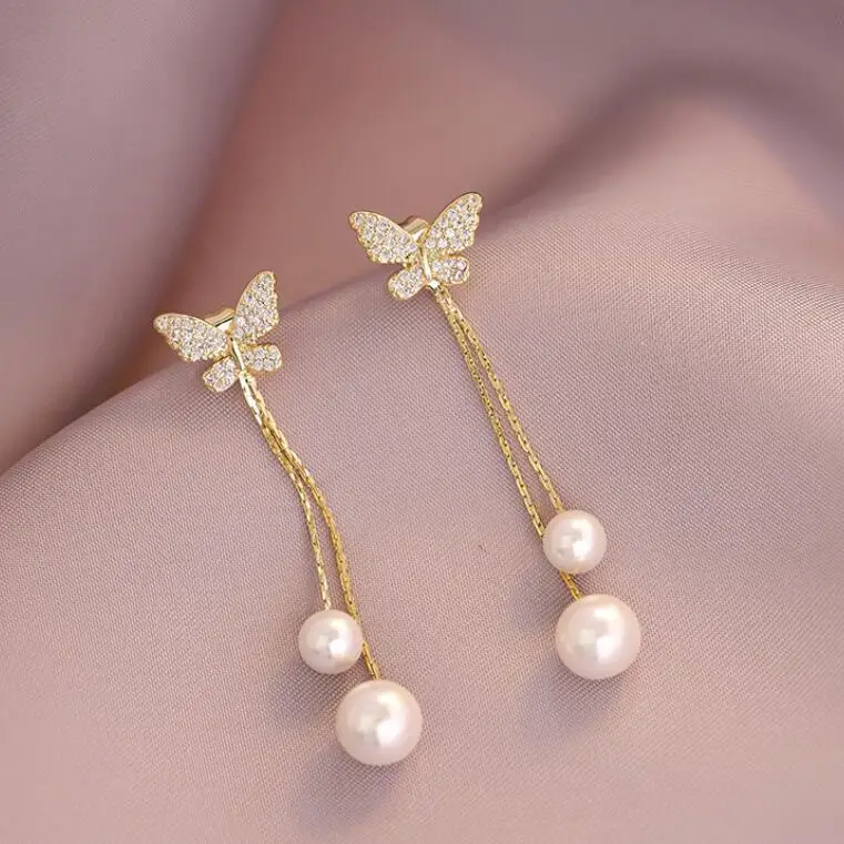 

Fashion Butterfly Earrings Rhinestones Gold Color Stud Earrings Chain Pearl Pendant for Women Jewelry Gifts Wholesale