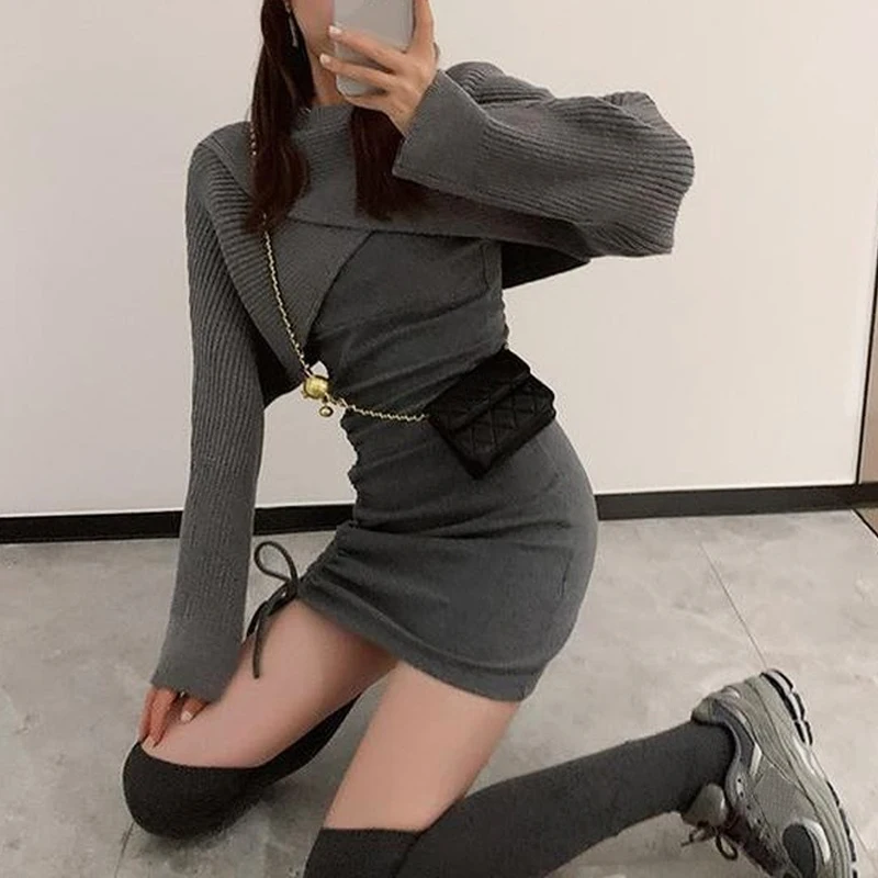 

Elegant Vintage Knitted Dress Women Casual Sweater Suits Slim Y2k Mini Dress Party One Piece Dress Korean 2021 Winter Tracksuits