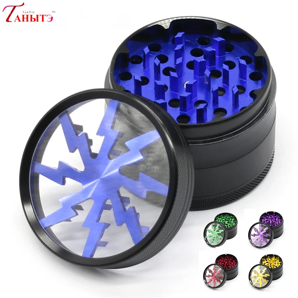 

63MM 4-Layer Metal Tobacco Grinders New Creative Lightning Shape Grass Grinder Clear Top 5Colors Mini Crusher Machine Ins Hot