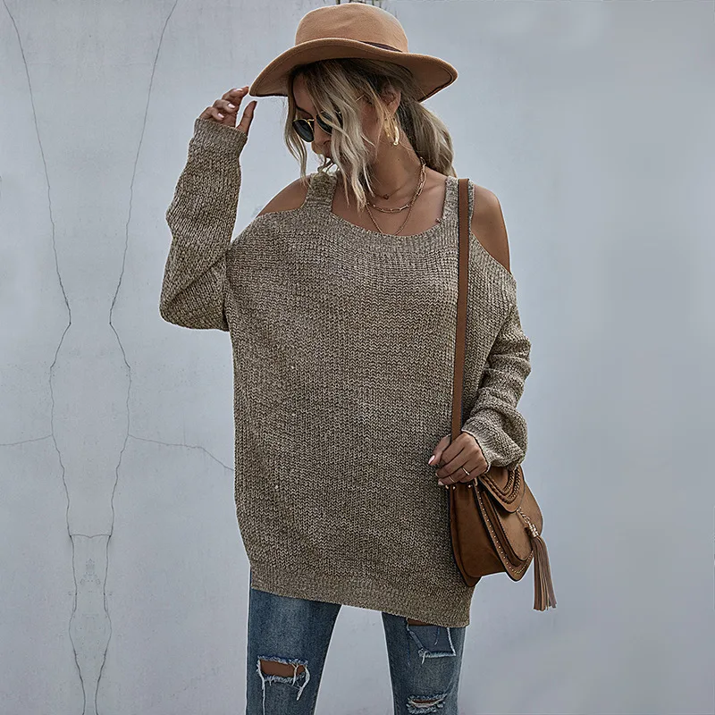 

Pure Color Knitted Square Collar Loose Off-shoulder Bottoming Sweater Women's Long-sleeved 2021 Fall Hot Woman Tshirts