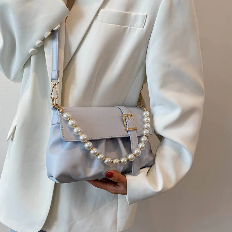 

Brand Designer Women's Pearl Shoulder Bag 2021 New Fashion Messenger Bag High-quality Korean One-shoulder Fold Small Square Bag
