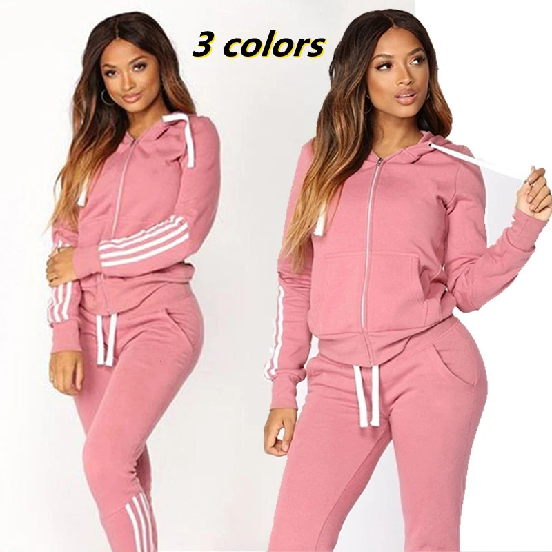 

Womens Hoodie + Sweatpants 2-piece Sweat Suits Striped Tracksuits Hooded Jogging Sports SuitsTrack Suits Jogger