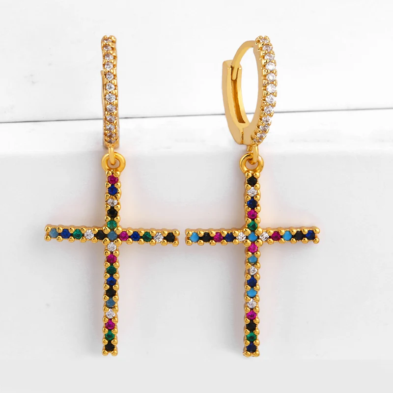 Женские серьги Радуга изящные серьги-подвески с разноцветным фианитом 24 К