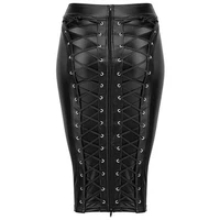 womens knee length wet look stretch black pu leather skirt 2021 back lace up zipper bandage bodycon faux leather skirts ladies