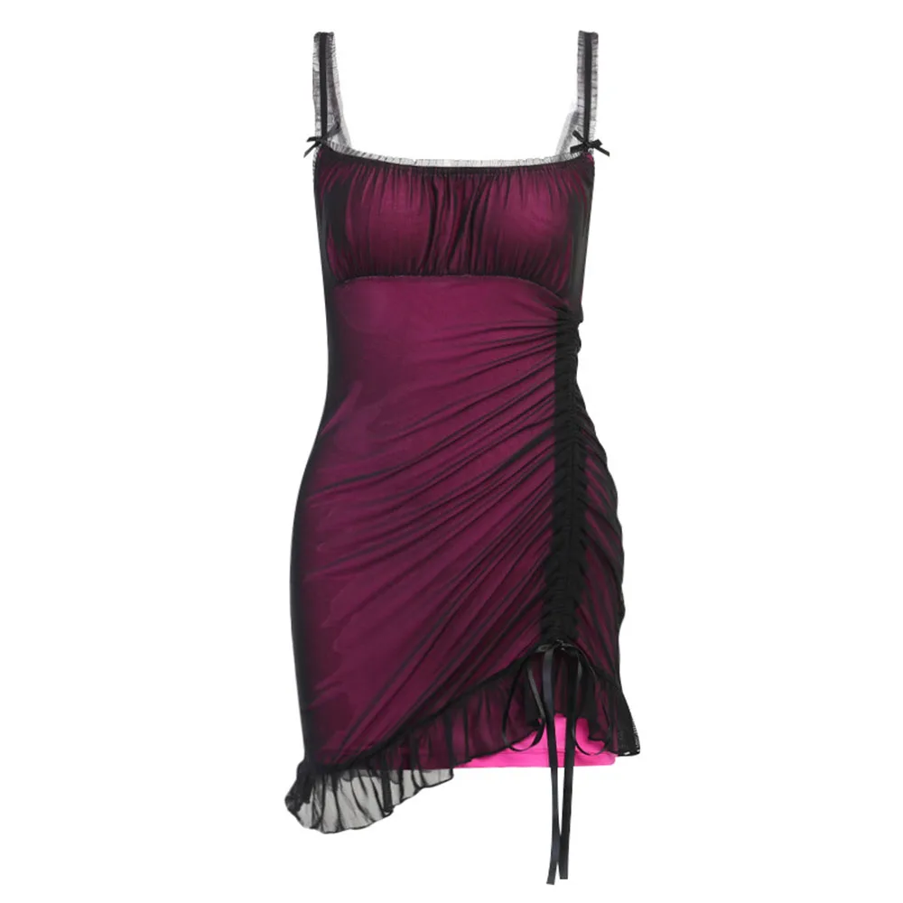 

Summer 2021 Net Yarn Splicing Fashion Sexy Drawstring Color Contrast Women's Sling Dress High Street Sleeve Fungus