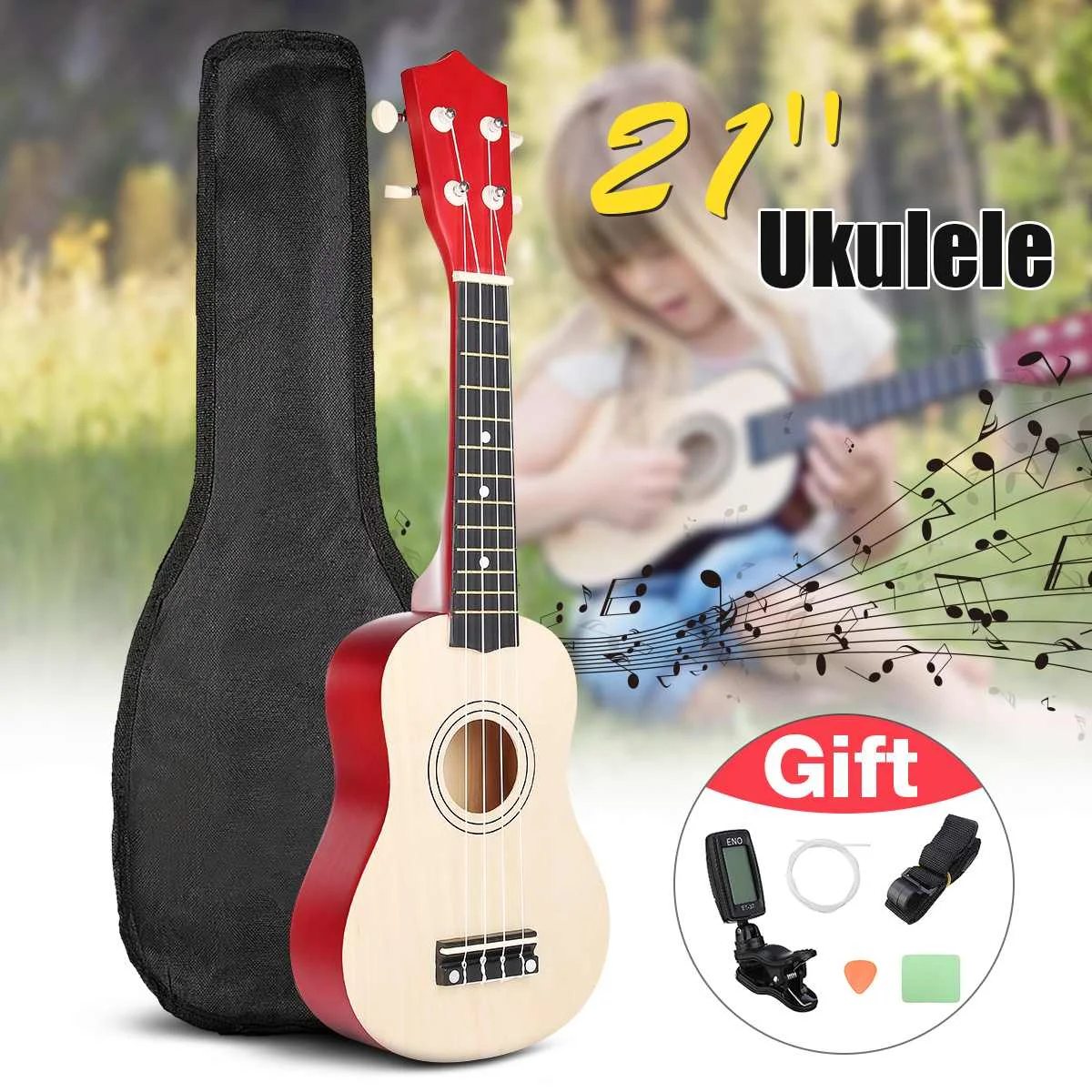

Ukulele Combo 21 Ukulele Black Soprano 4 Strings Uke Hawaii Bass Stringed Musical Instrument Set Kits+Tuner+String+Strap+Bag