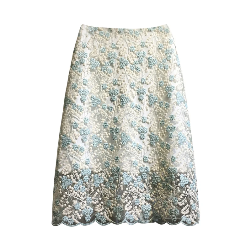 

Mesh Lace Embroidered Skirt Mid-Length Women Elegant High Waist One-Step A- Line Skirt Female Summer Chic Fairy Skirt