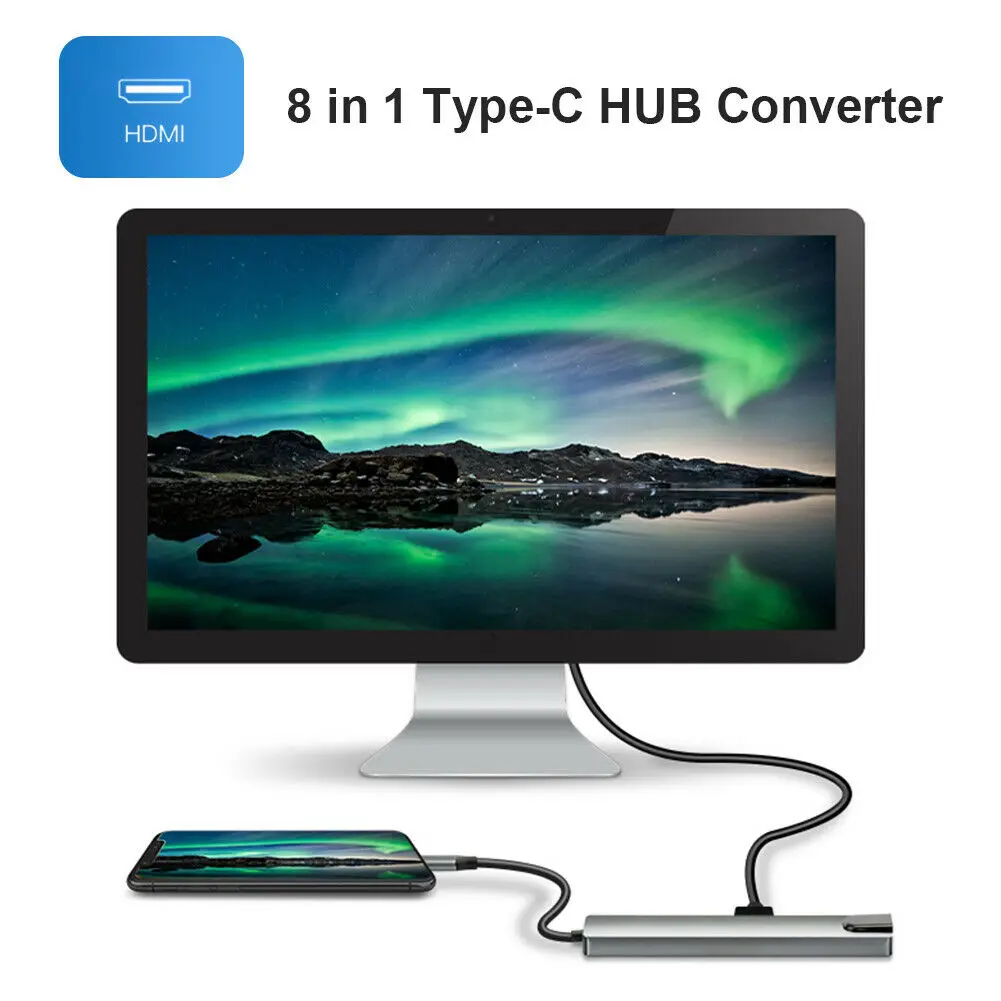 

8-in-1 Type-C Hub to USB 3.0 USB-C HDMI LAN RJ45 SD TF Adapter for Laptop