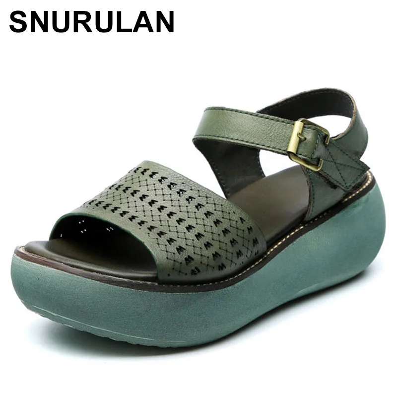 

SNURULAN women 2020 real leather wedge sandals summer casual shoes retro open toe women platform sandals Sandalia