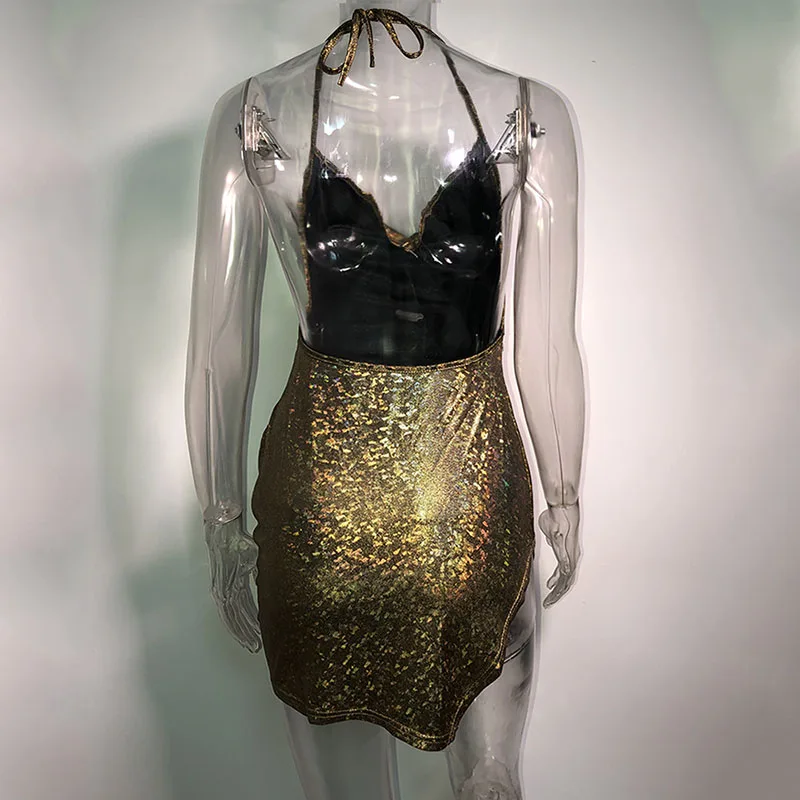 

NORMOV Sexy Slim Women Dress Bronzing Spaghetti Strap Backless Dress Split Club Sleeveless Summer Mini Dresses