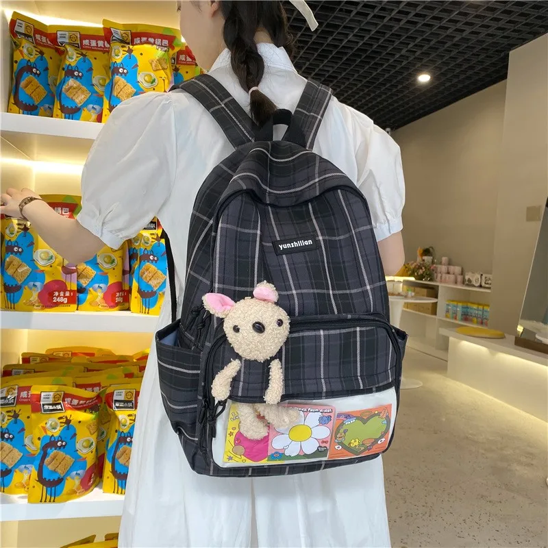 Модный женский рюкзак, нейлоновый Водонепроницаемый Школьный рюкзак в клетку для девочек, милые вместительные дорожные рюкзаки с куклой 2021