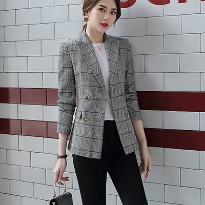 Gray Plaid Blazer Для женщин однобортный однотонный Блейзер Женский пальто трех до двенадцати лет Модные Пиджаки Верхняя одежда высокого качества, куртки, 5XL - Цвет: Gray Plaid Blazer