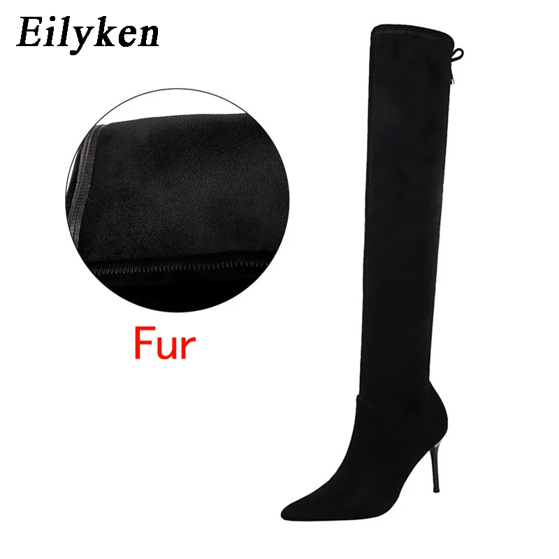 Женские теплые плюшевые ботфорты EilyKen зимние высокие сапоги из флока с острым