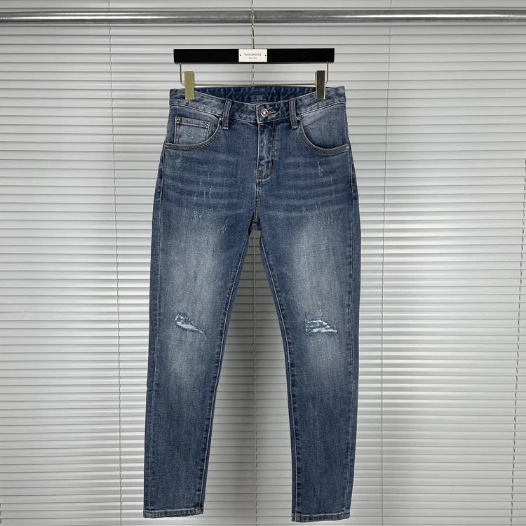 

2021 Fashion TB THOM Brand Jeans Men Spring Autumn Jeans Break Hole Casual Straight Slim Fit Stretch Denim Trousers Men's Jeans