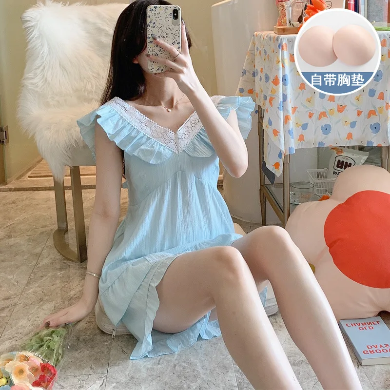With Chest Pad Cotton Women's Pajamas Sets Summer Lace Nightwear Solid Color Sling Sweet Princess Home Suit Female Sleepwear