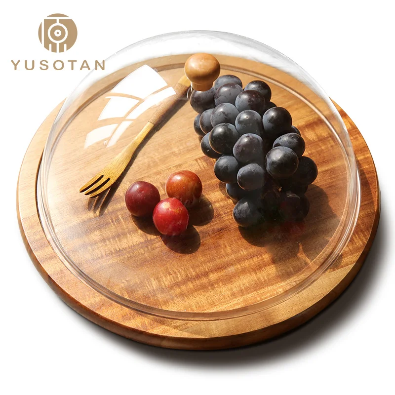 

YUSOTAN wooden cake stand natural wood dishes European style fruit plate creative acrylic glass cover dessert cake serving tray