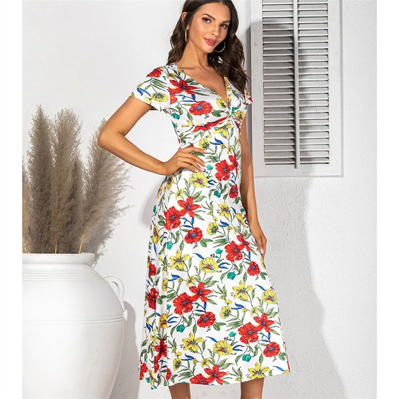 

Casual Summer Fashion Print Women Dress 2020 Vintage Elegant V-neck Slim Long Dress for Women