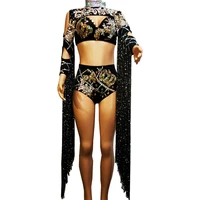 sparkly black crystal tassel women crop tops shorts 3 piece set pole dancing costumes glistening rhinestones birthday celebrate
