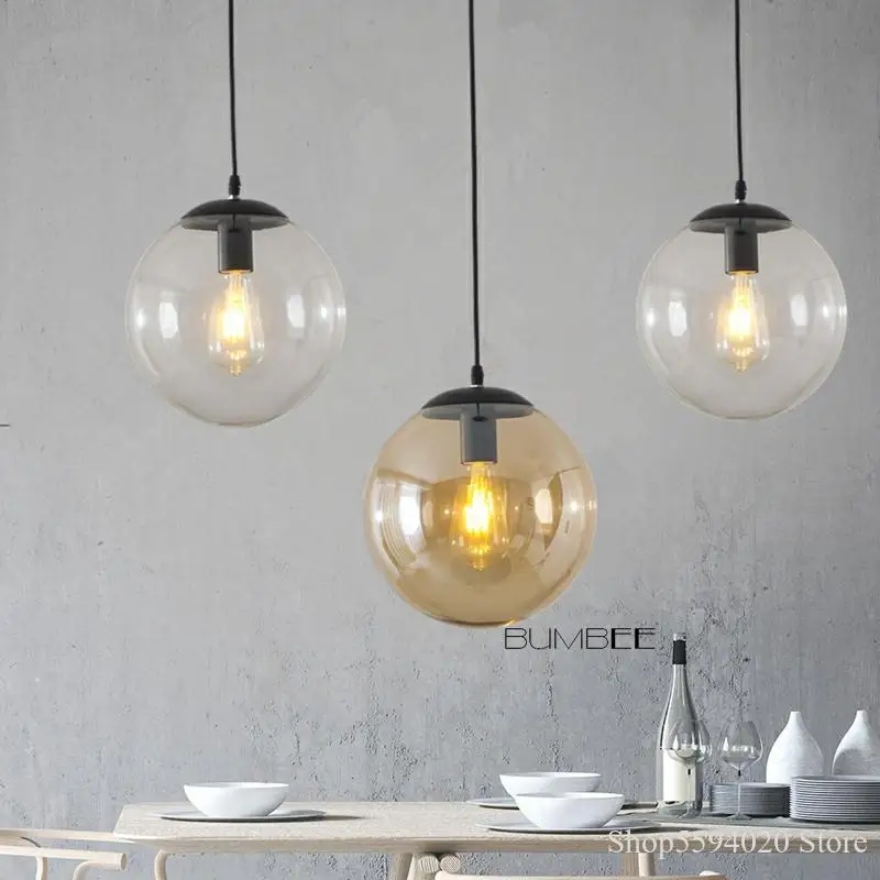 

Nordic Glass Ball Pendant Lights Retro Loft Industrial Hanging Lamp Kitchen Led Suspension Luminaire Bedroom Home Decor Fixtures