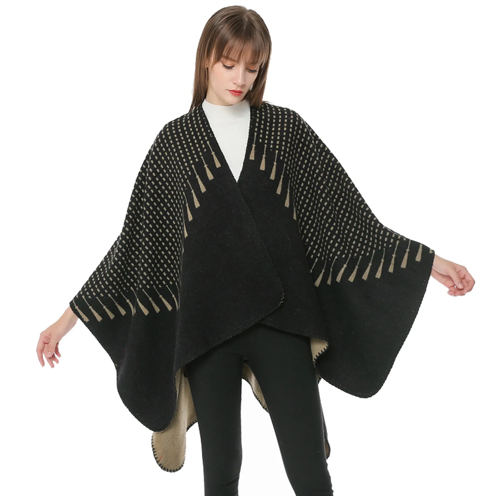 

Knitted Scarf Women Poncho Cape Coat Stripe Cashmere Cloak Plush Winter Shawl Scarf Wrap Open Stitch Cape Overcoat