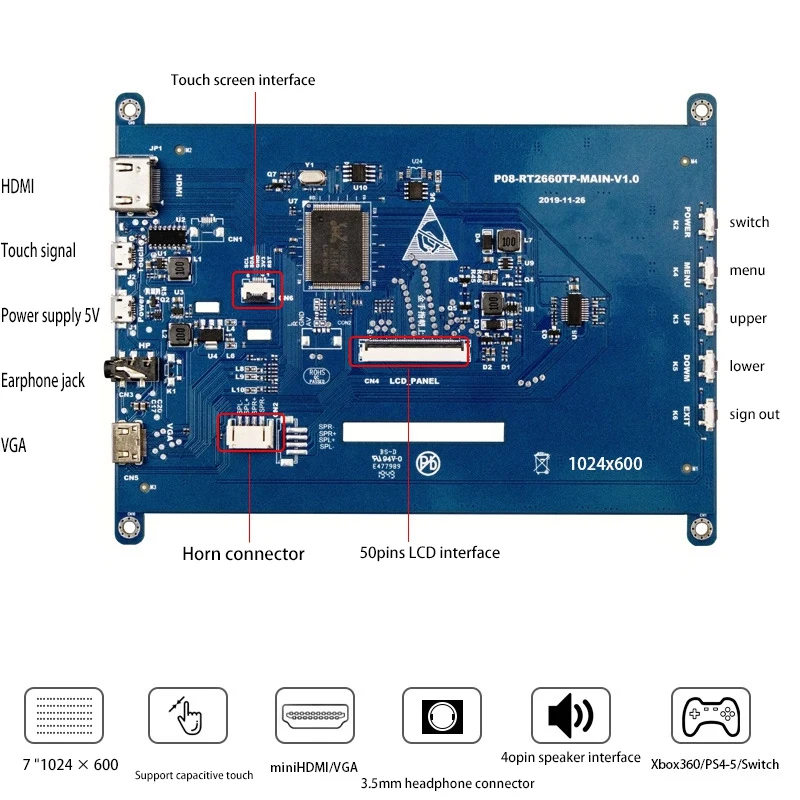 7-дюймовый HDMI-совместимый USB ЖК-дисплей монитор 1024x600 HD емкостный пресс-экран