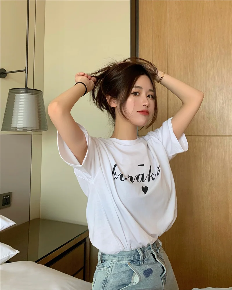 

GRUIICEEN New Spring Summer White Casual Letter Round Collar Short Sleeve Straight Tops Womens T-shirt